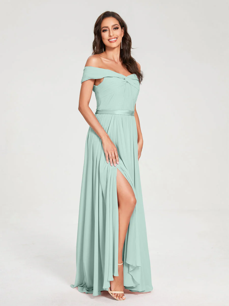 A-Line/Princess Chiffon Off-the-Shoulder Sleeveless Floor-Length Split Side With Belt Bridesmaid Dresses - Image 61