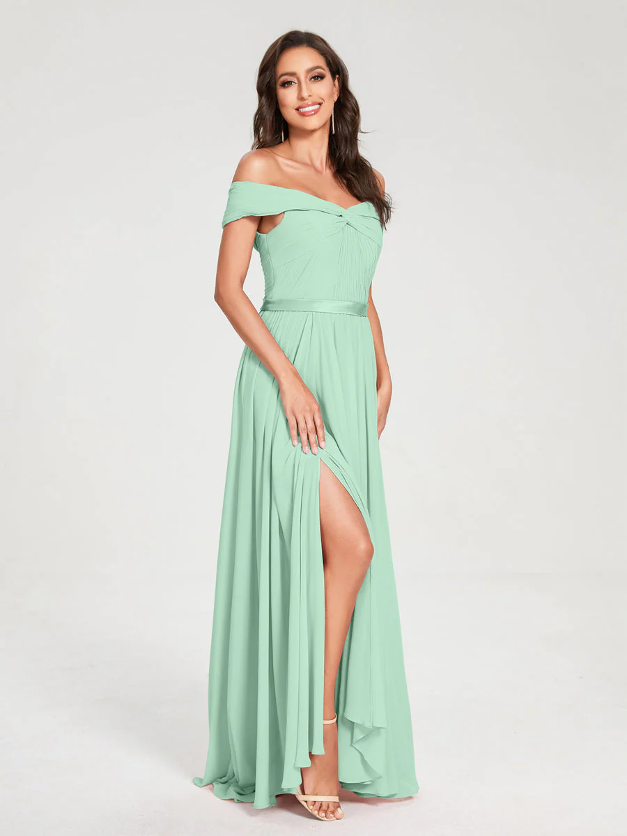 A-Line/Princess Chiffon Off-the-Shoulder Sleeveless Floor-Length Split Side With Belt Bridesmaid Dresses - Image 62