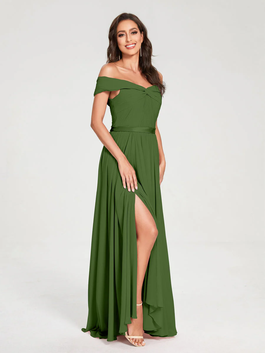 A-Line/Princess Chiffon Off-the-Shoulder Sleeveless Floor-Length Split Side With Belt Bridesmaid Dresses - Image 66