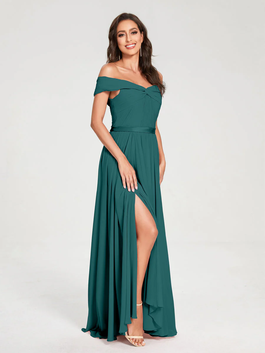 A-Line/Princess Chiffon Off-the-Shoulder Sleeveless Floor-Length Split Side With Belt Bridesmaid Dresses - Image 67