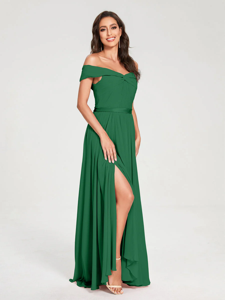 A-Line/Princess Chiffon Off-the-Shoulder Sleeveless Floor-Length Split Side With Belt Bridesmaid Dresses - Image 68