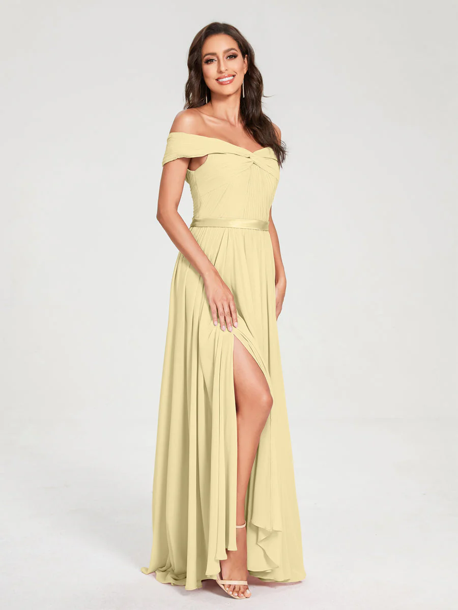 A-Line/Princess Chiffon Off-the-Shoulder Sleeveless Floor-Length Split Side With Belt Bridesmaid Dresses - Image 69