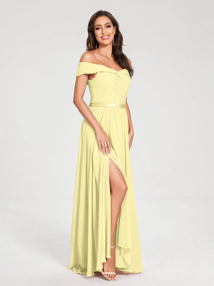 A-Line/Princess Chiffon Off-the-Shoulder Sleeveless Floor-Length Split Side With Belt Bridesmaid Dresses - Image 70