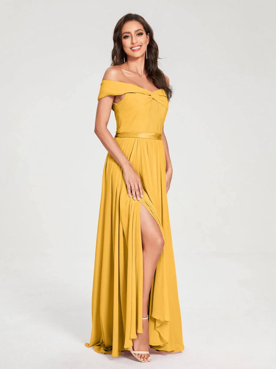 A-Line/Princess Chiffon Off-the-Shoulder Sleeveless Floor-Length Split Side With Belt Bridesmaid Dresses - Image 71