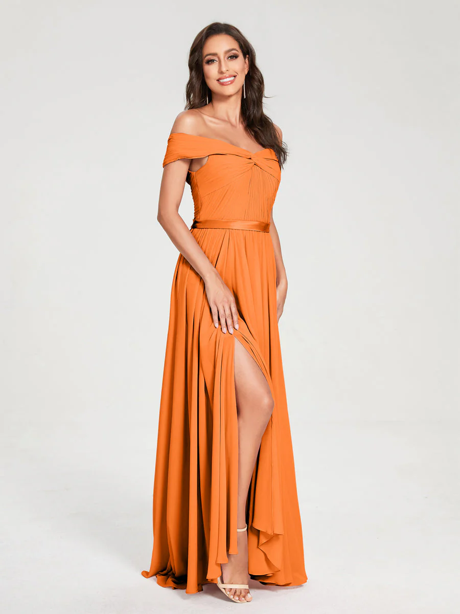 A-Line/Princess Chiffon Off-the-Shoulder Sleeveless Floor-Length Split Side With Belt Bridesmaid Dresses - Image 73