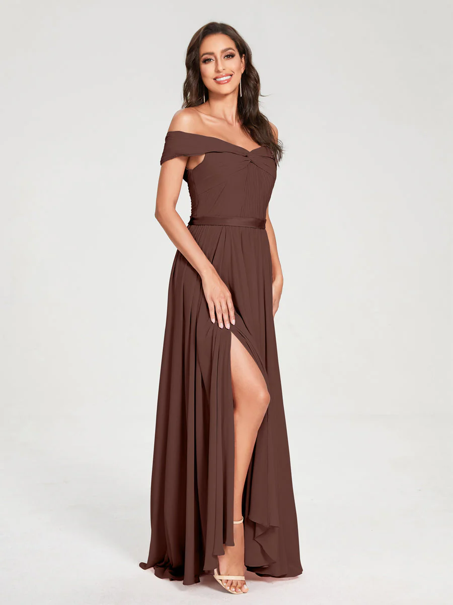 A-Line/Princess Chiffon Off-the-Shoulder Sleeveless Floor-Length Split Side With Belt Bridesmaid Dresses - Image 77