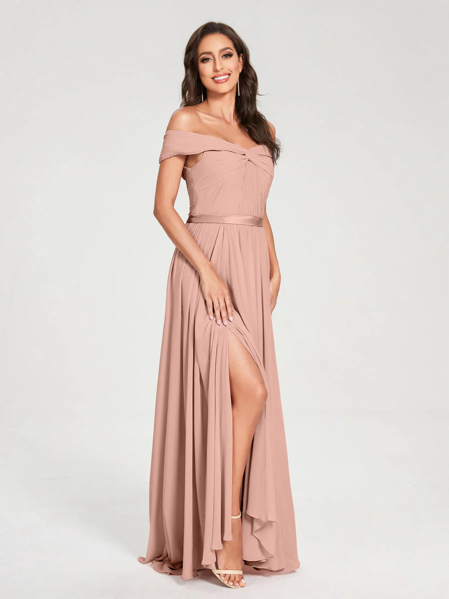 A-Line/Princess Chiffon Off-the-Shoulder Sleeveless Floor-Length Split Side With Belt Bridesmaid Dresses - Image 8