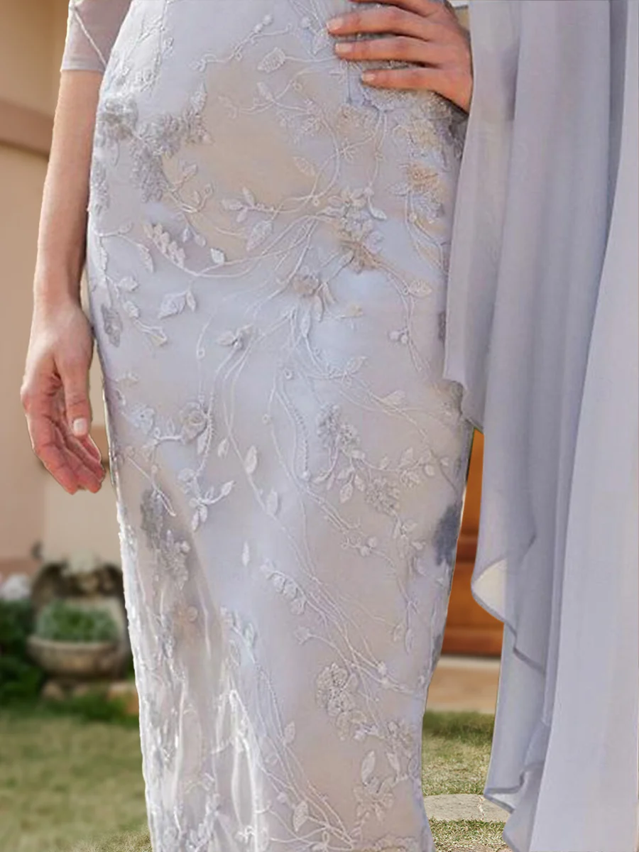 A-Line/Princess Chiffon Scoop Half Sleeves Wedding Guest Dresses with Watteau Train - Image 3