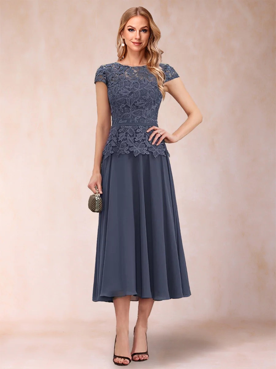 A-Line/Princess Chiffon Scoop Short Sleeves Mother of the Bride Dresses with Applique