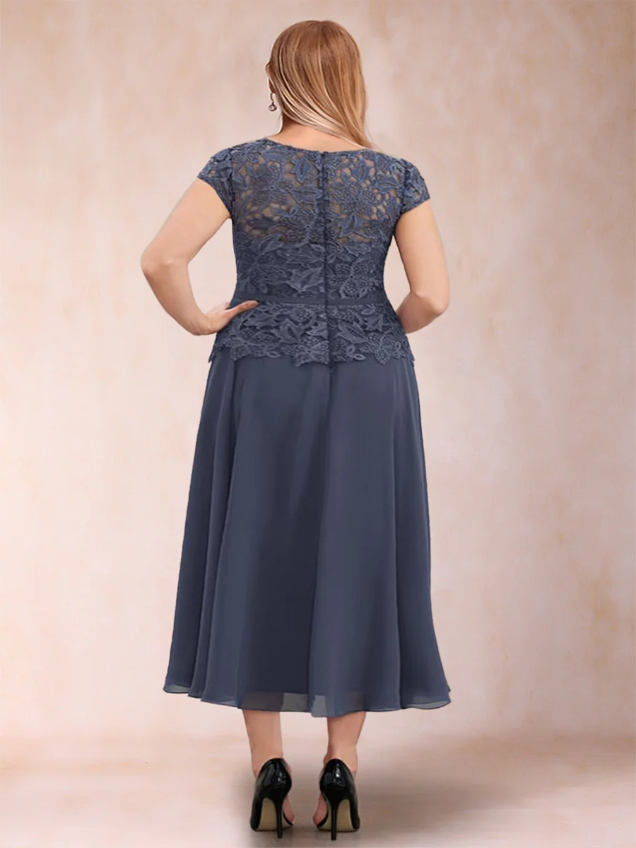 A-Line/Princess Chiffon Scoop Short Sleeves Plus Size Mother of the Bride Dresses with Applique - Image 2