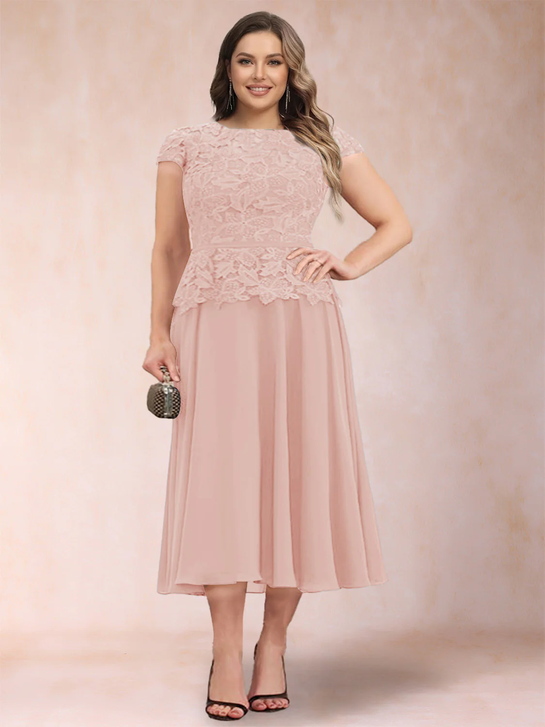 A-Line/Princess Chiffon Scoop Short Sleeves Plus Size Mother of the Bride Dresses with Applique - Image 4