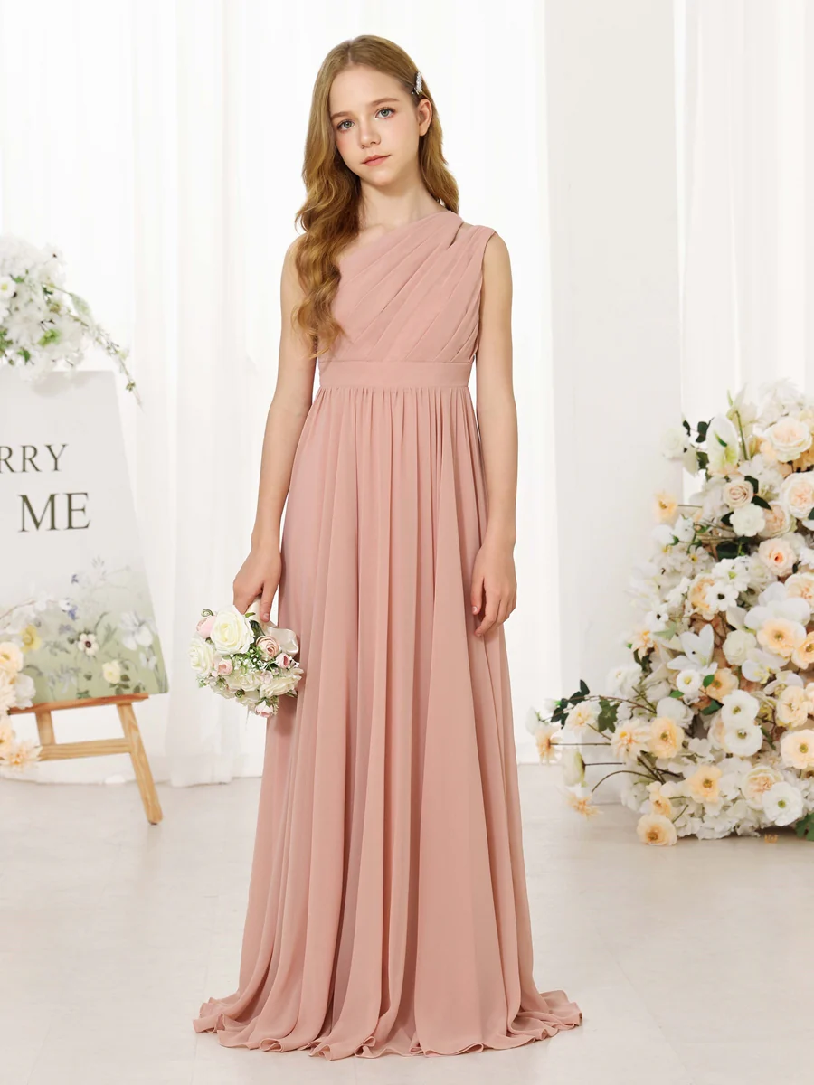 A-Line/Princess Chiffon Sleeveless One-Shoulder Floor-Length Junior Bridesmaid Dresses - Image 4