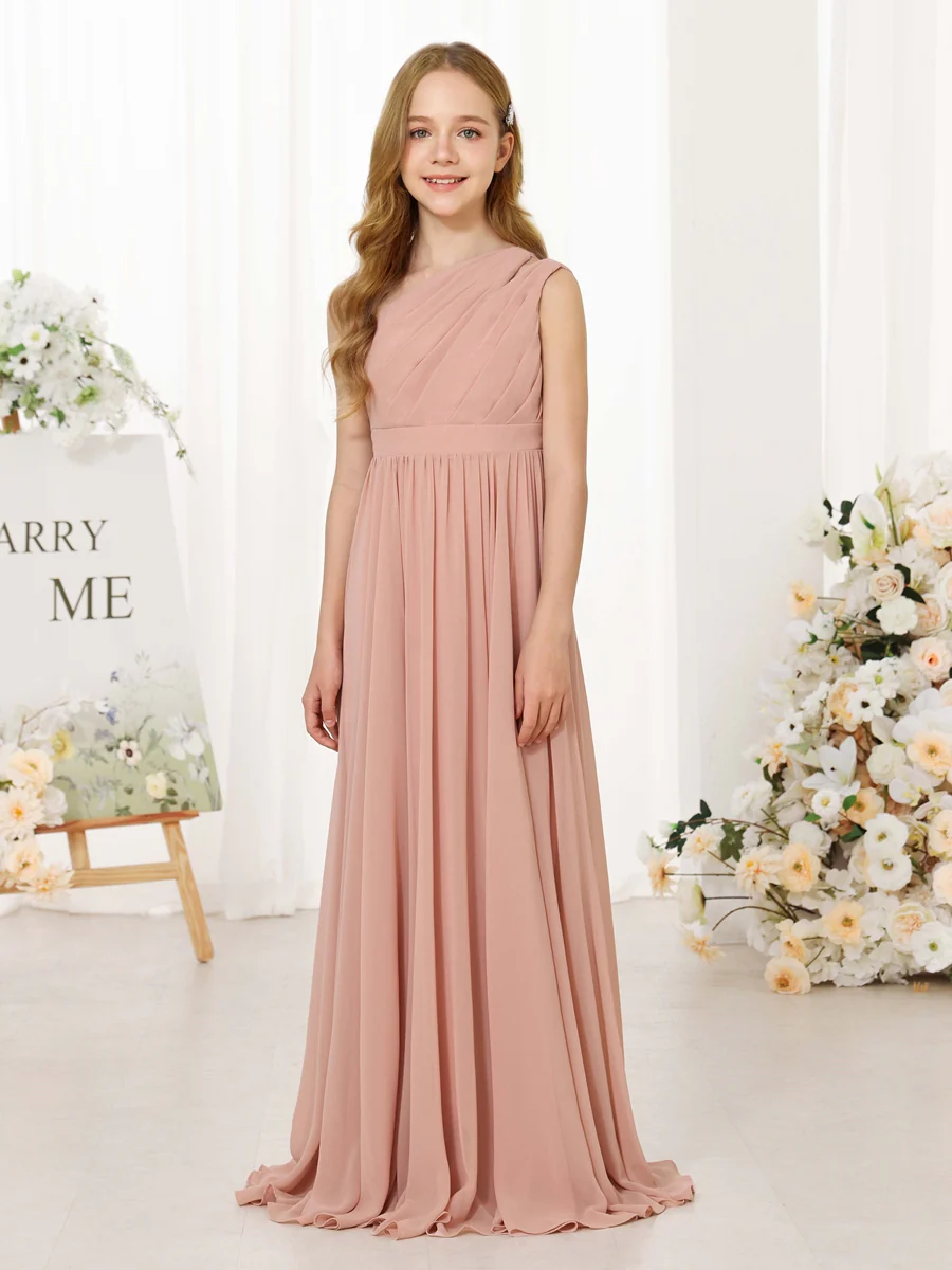 A-Line/Princess Chiffon Sleeveless One-Shoulder Floor-Length Junior Bridesmaid Dresses - Image 5