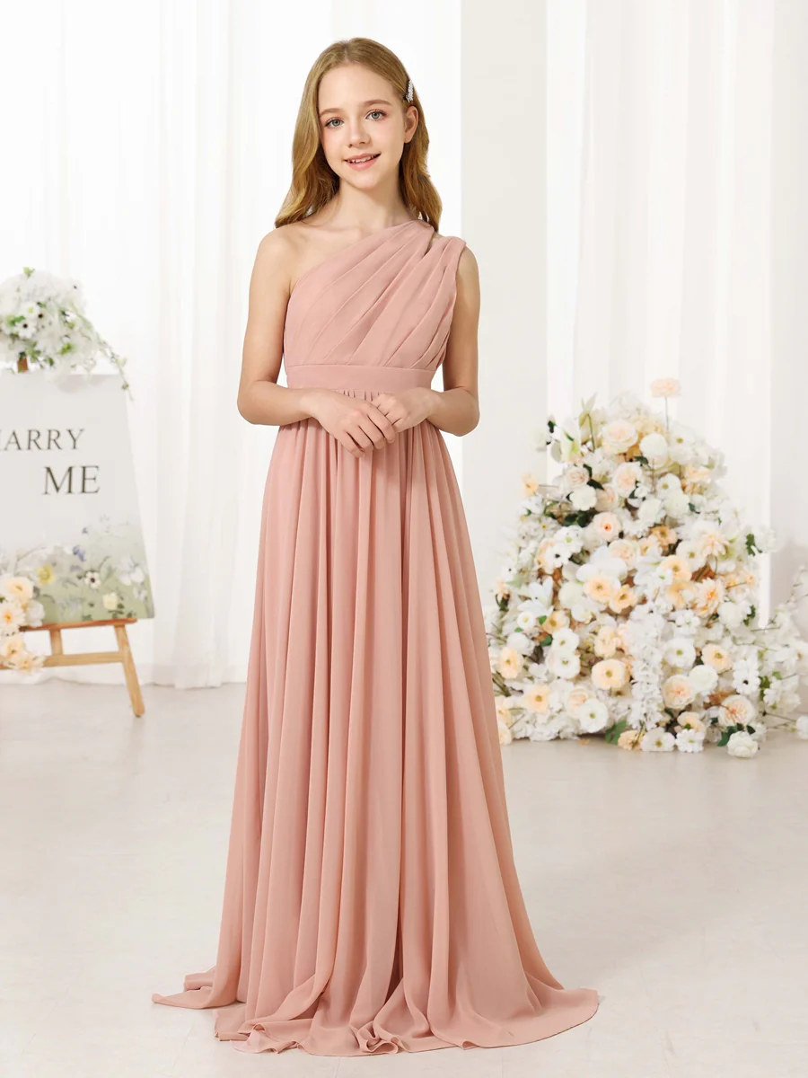 A-Line/Princess Chiffon Sleeveless One-Shoulder Floor-Length Junior Bridesmaid Dresses - Image 6