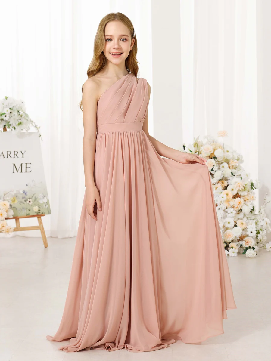 A-Line/Princess Chiffon Sleeveless One-Shoulder Floor-Length Junior Bridesmaid Dresses - Image 7