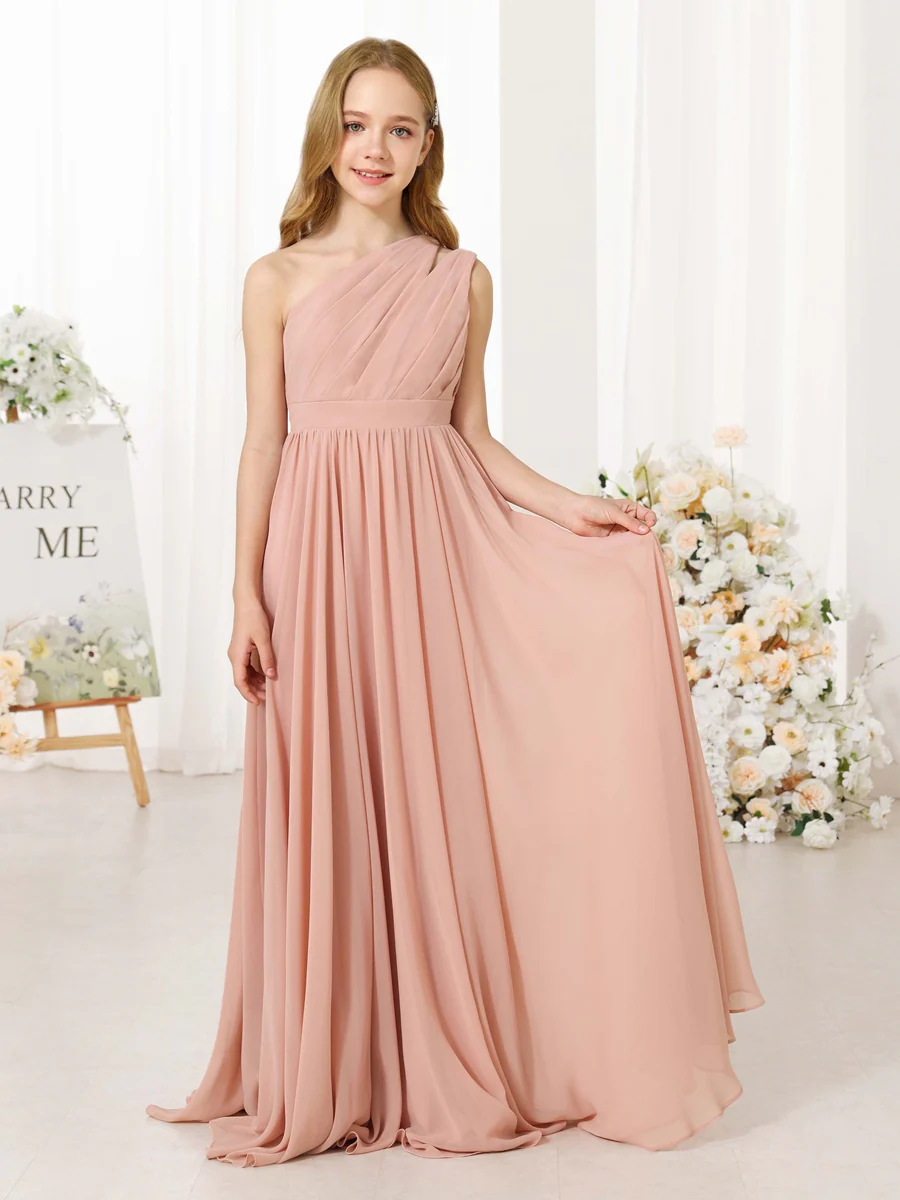 A-Line/Princess Chiffon Sleeveless One-Shoulder Floor-Length Junior Bridesmaid Dresses - Image 8