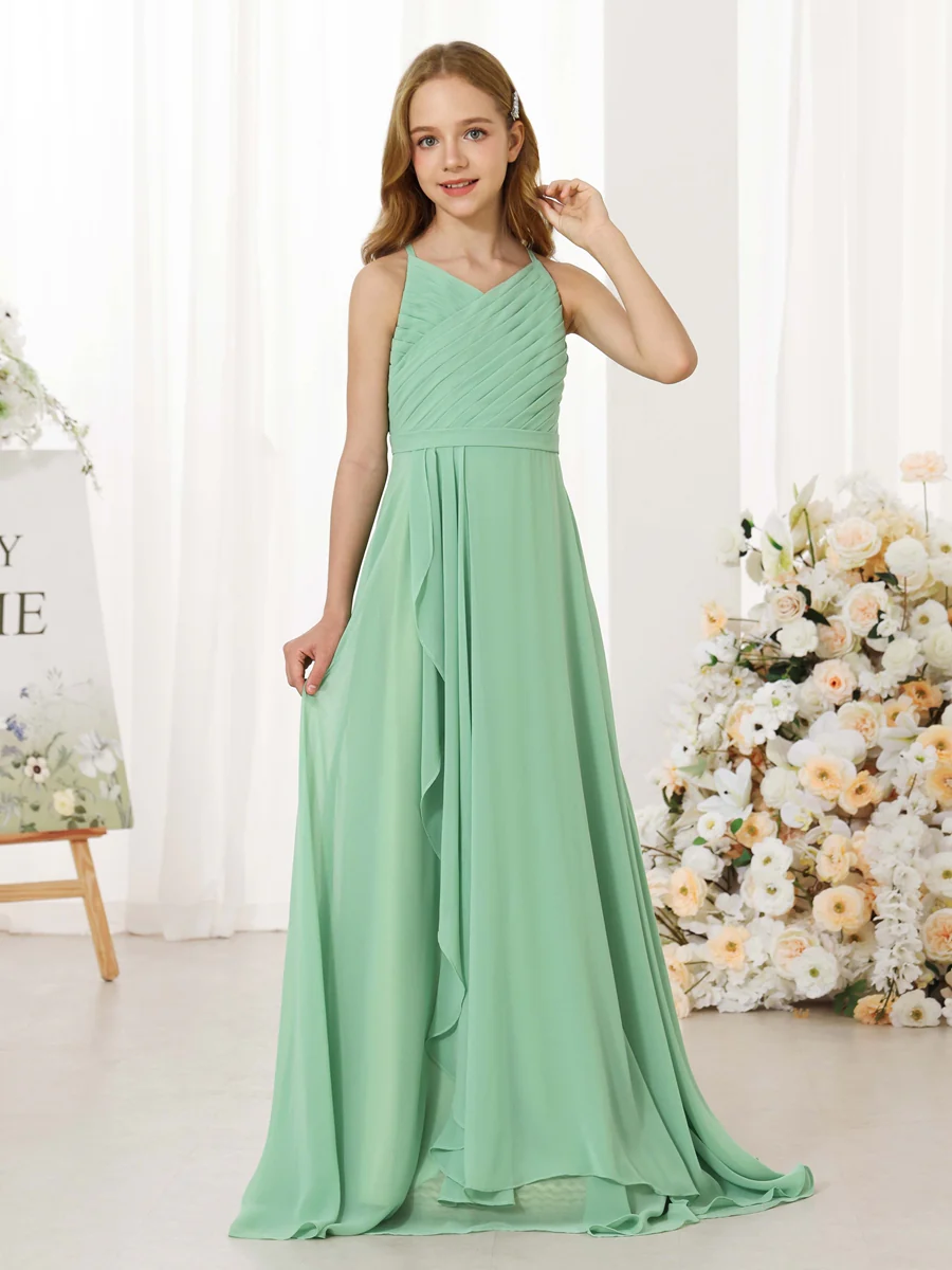 A-Line/Princess Chiffon Sleeveless Scoop Neck Floor-Length Junior Bridesmaid Dresses - Image 7