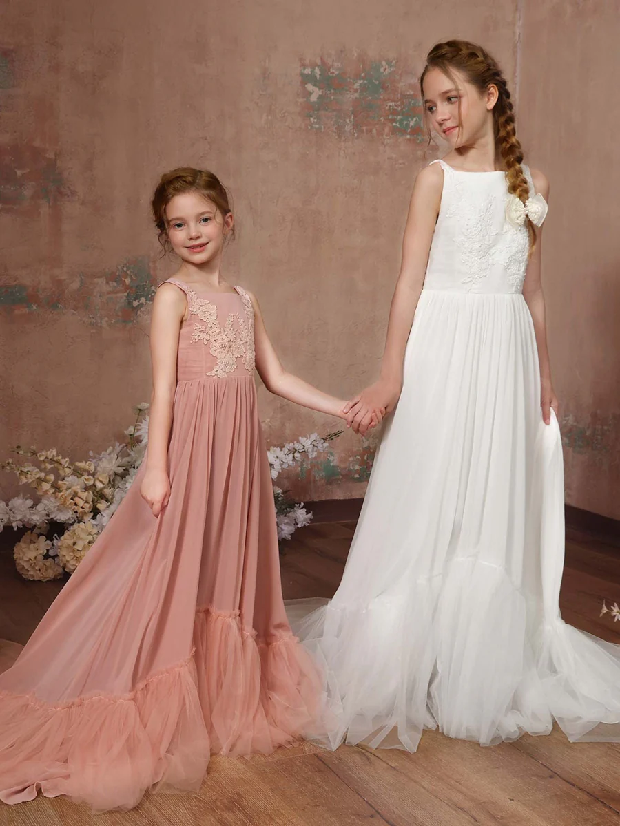 A-Line/Princess Chiffon Sleeveless Square Neck Floor-Length Junior Bridesmaid Dresses - Image 4