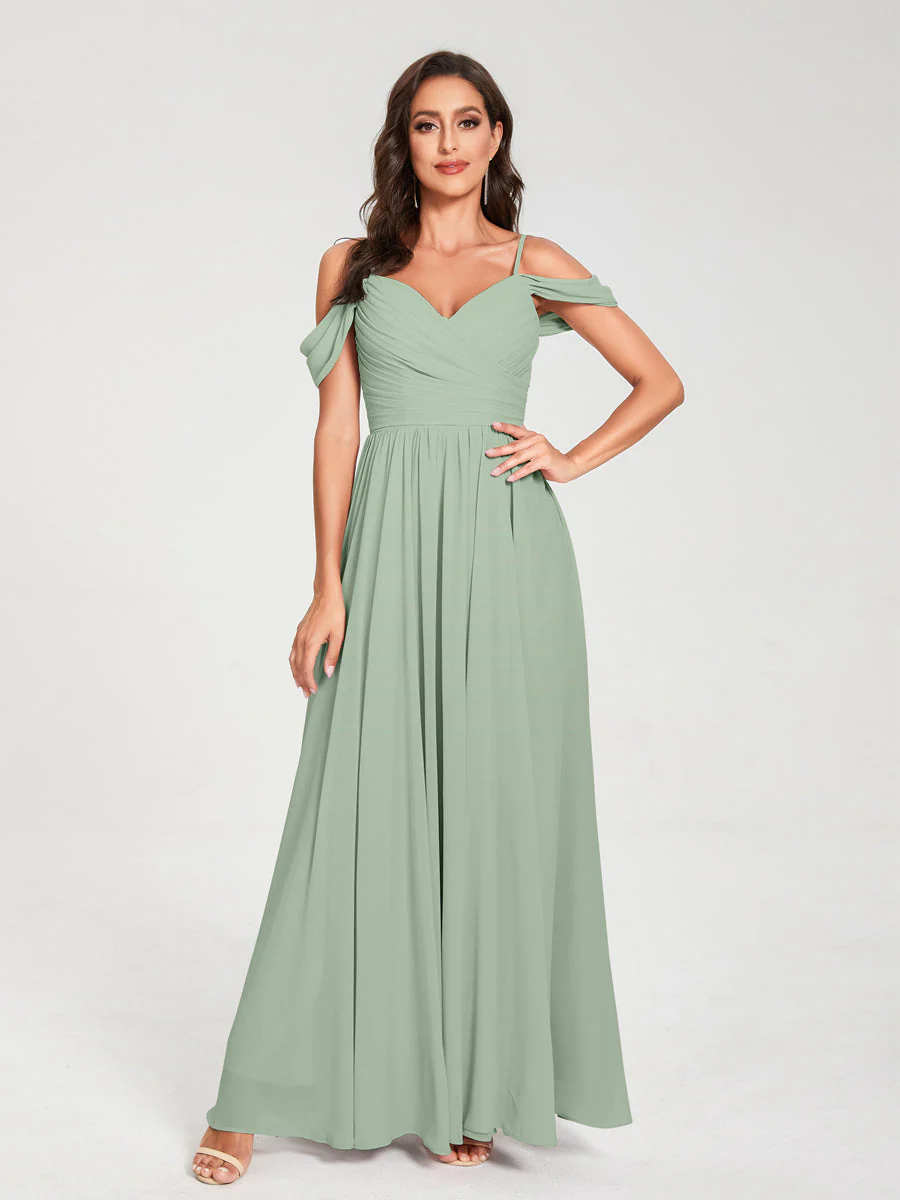 A-Line/Princess Chiffon Spaghetti Straps Off-the-Shoulder Sleeveless Floor-Length Split Side Bridesmaid Dresses - Image 11