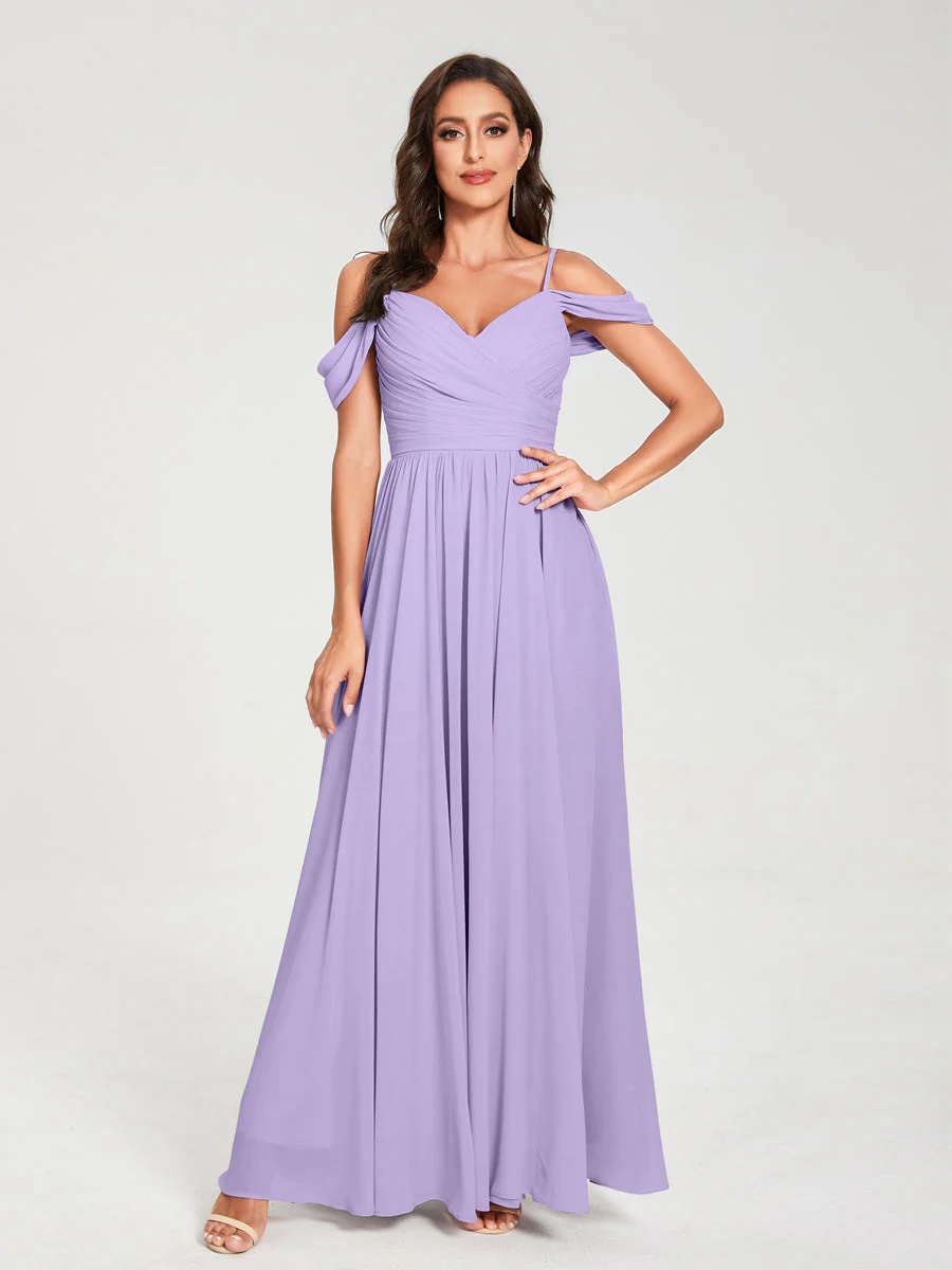 A-Line/Princess Chiffon Spaghetti Straps Off-the-Shoulder Sleeveless Floor-Length Split Side Bridesmaid Dresses - Image 15