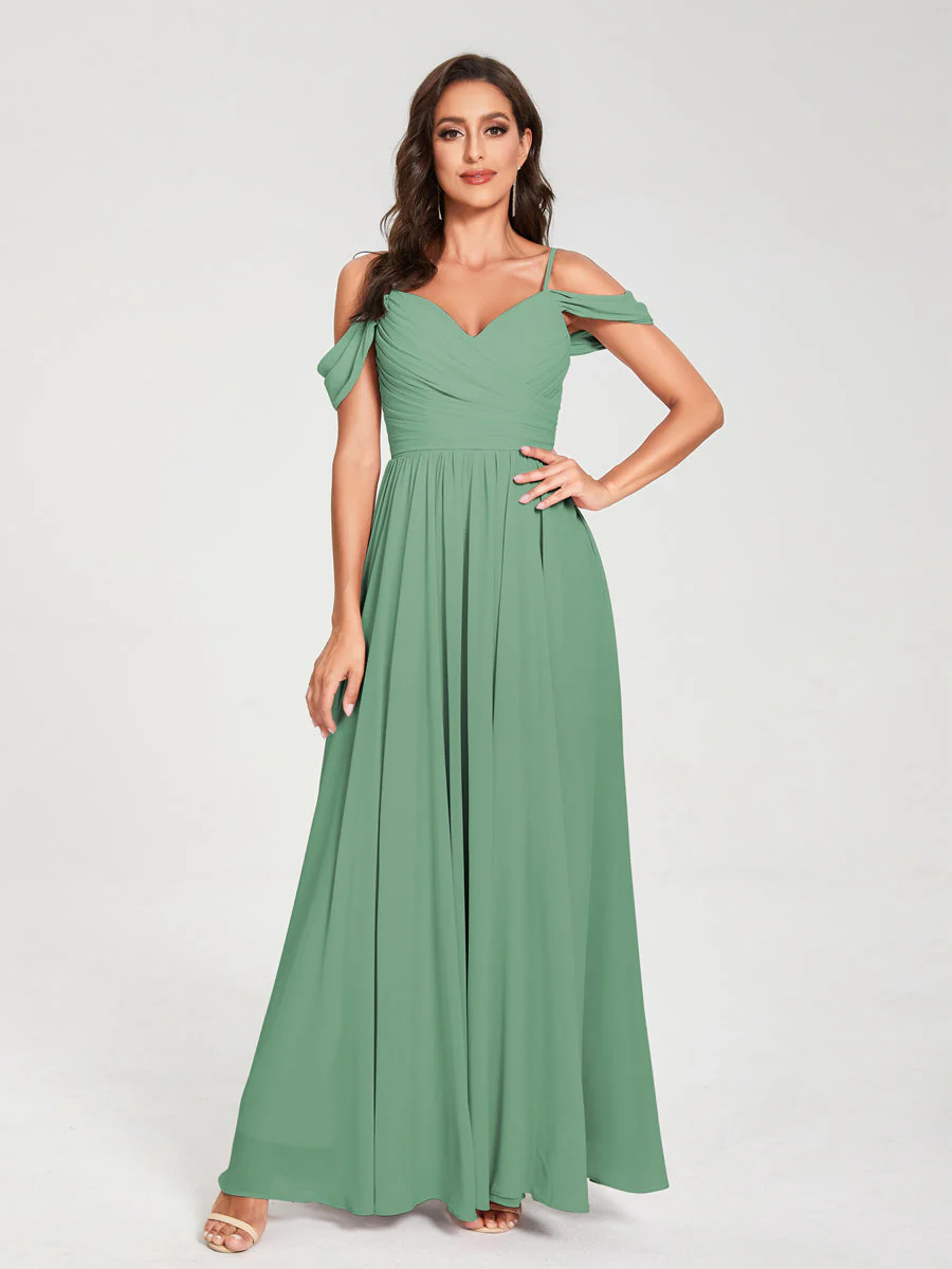 A-Line/Princess Chiffon Spaghetti Straps Off-the-Shoulder Sleeveless Floor-Length Split Side Bridesmaid Dresses - Image 18