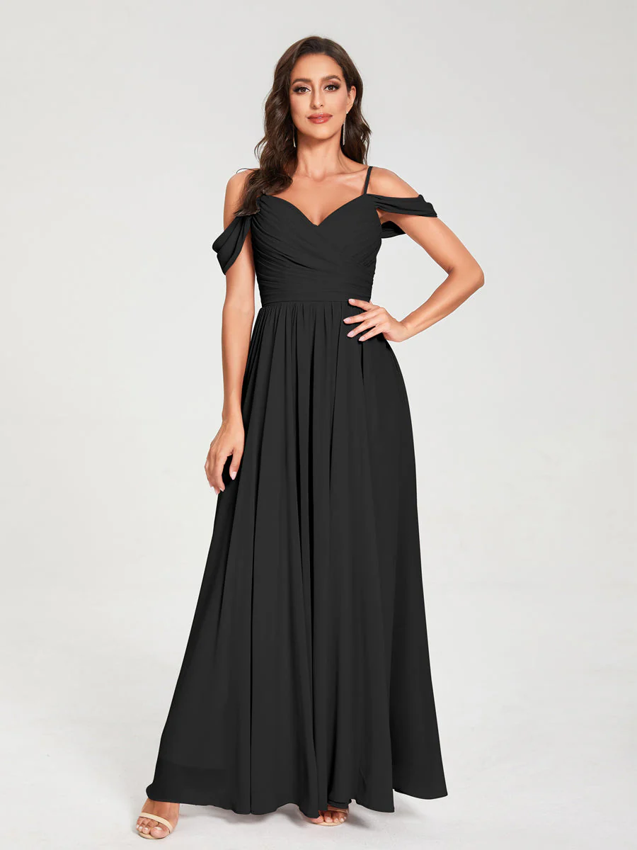A-Line/Princess Chiffon Spaghetti Straps Off-the-Shoulder Sleeveless Floor-Length Split Side Bridesmaid Dresses - Image 19