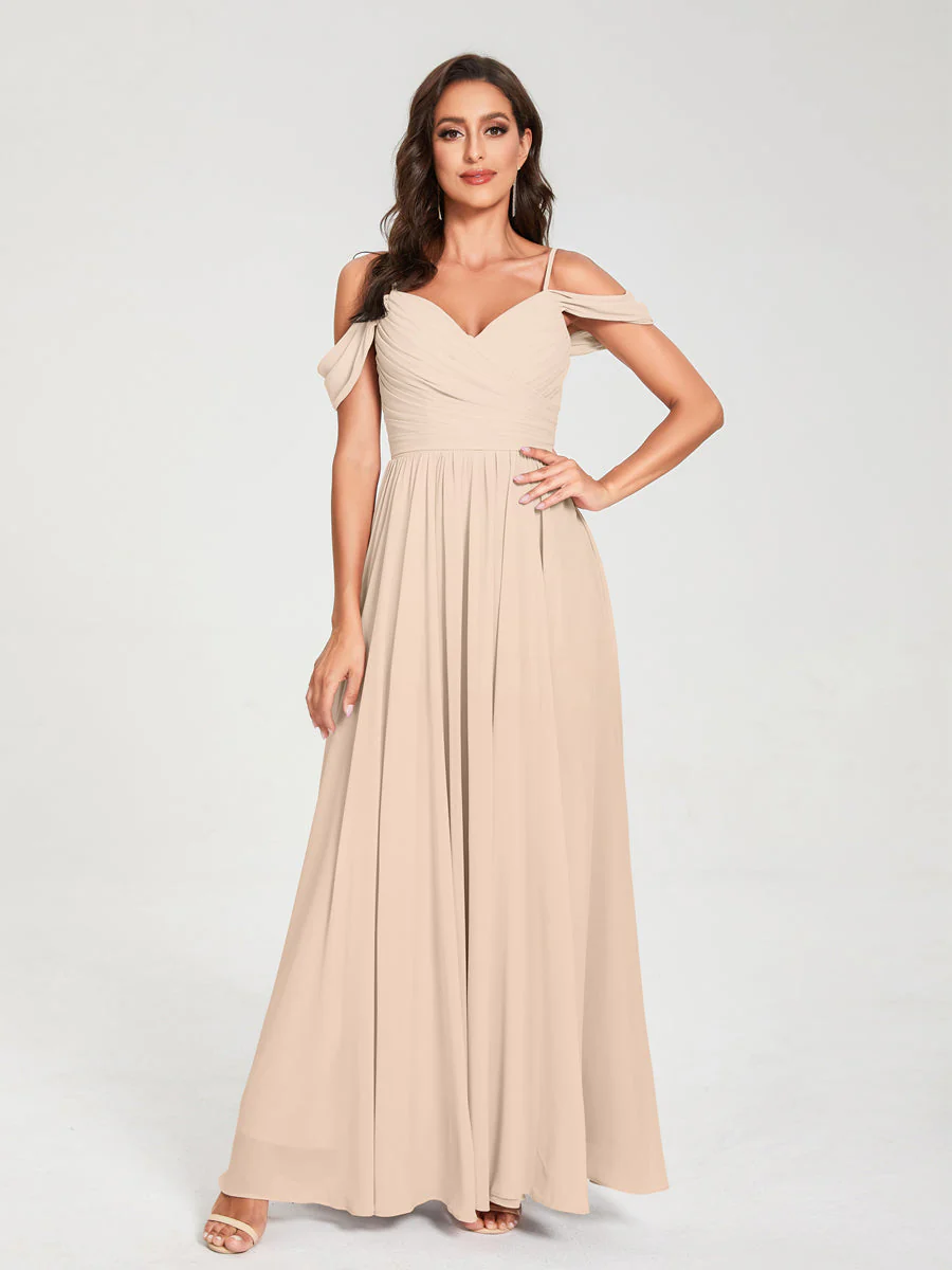 A-Line/Princess Chiffon Spaghetti Straps Off-the-Shoulder Sleeveless Floor-Length Split Side Bridesmaid Dresses - Image 24