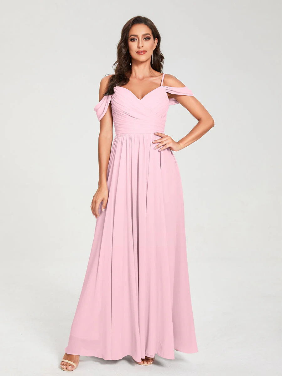 A-Line/Princess Chiffon Spaghetti Straps Off-the-Shoulder Sleeveless Floor-Length Split Side Bridesmaid Dresses - Image 26