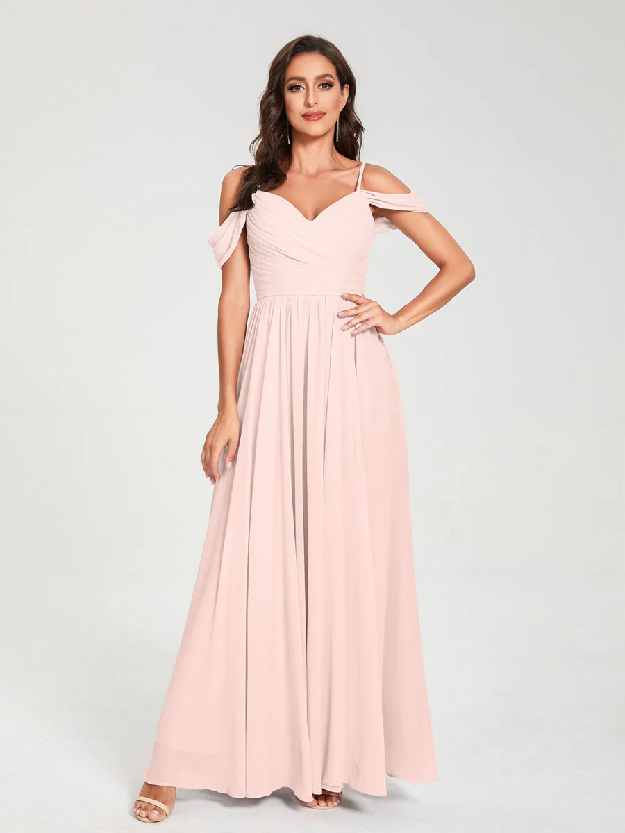 A-Line/Princess Chiffon Spaghetti Straps Off-the-Shoulder Sleeveless Floor-Length Split Side Bridesmaid Dresses - Image 27