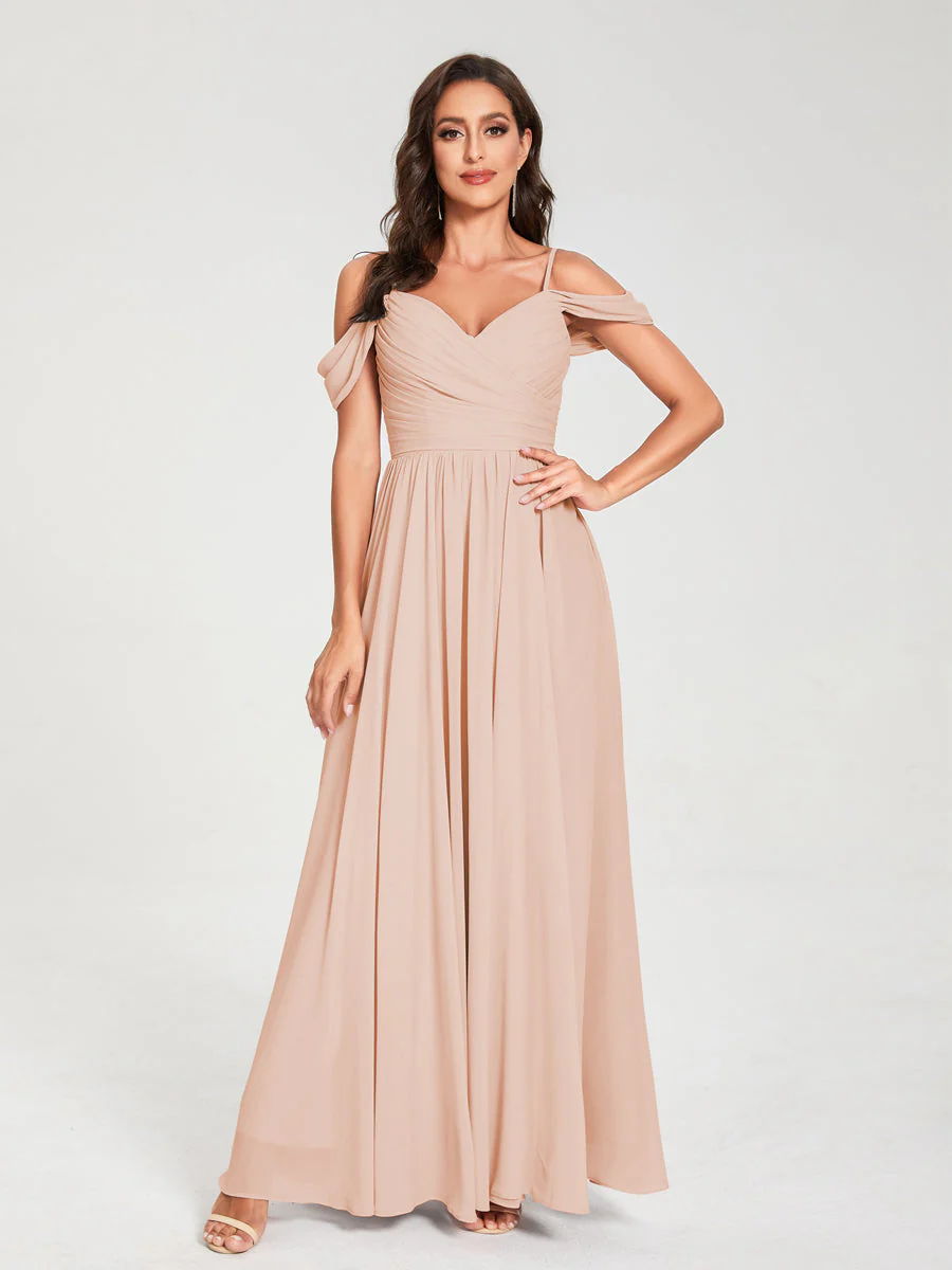 A-Line/Princess Chiffon Spaghetti Straps Off-the-Shoulder Sleeveless Floor-Length Split Side Bridesmaid Dresses - Image 28