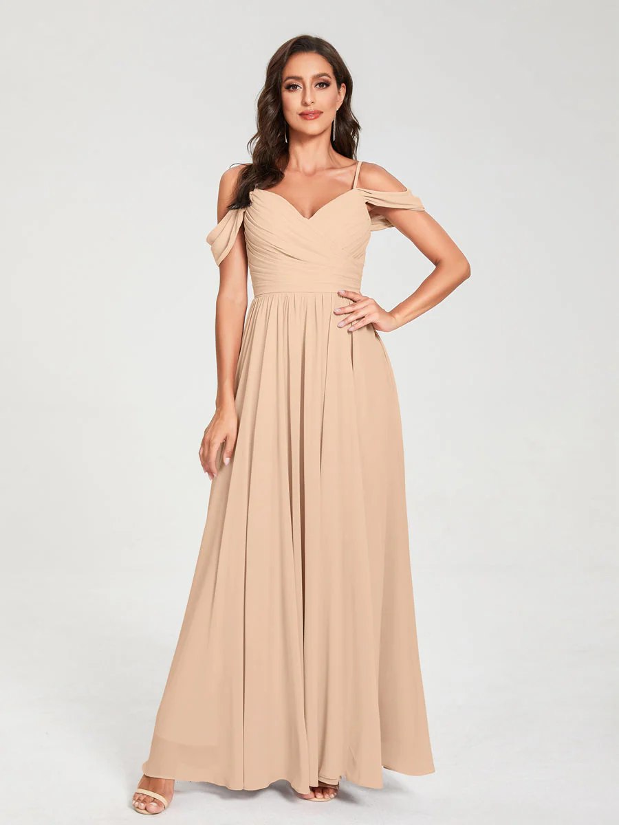 A-Line/Princess Chiffon Spaghetti Straps Off-the-Shoulder Sleeveless Floor-Length Split Side Bridesmaid Dresses - Image 29
