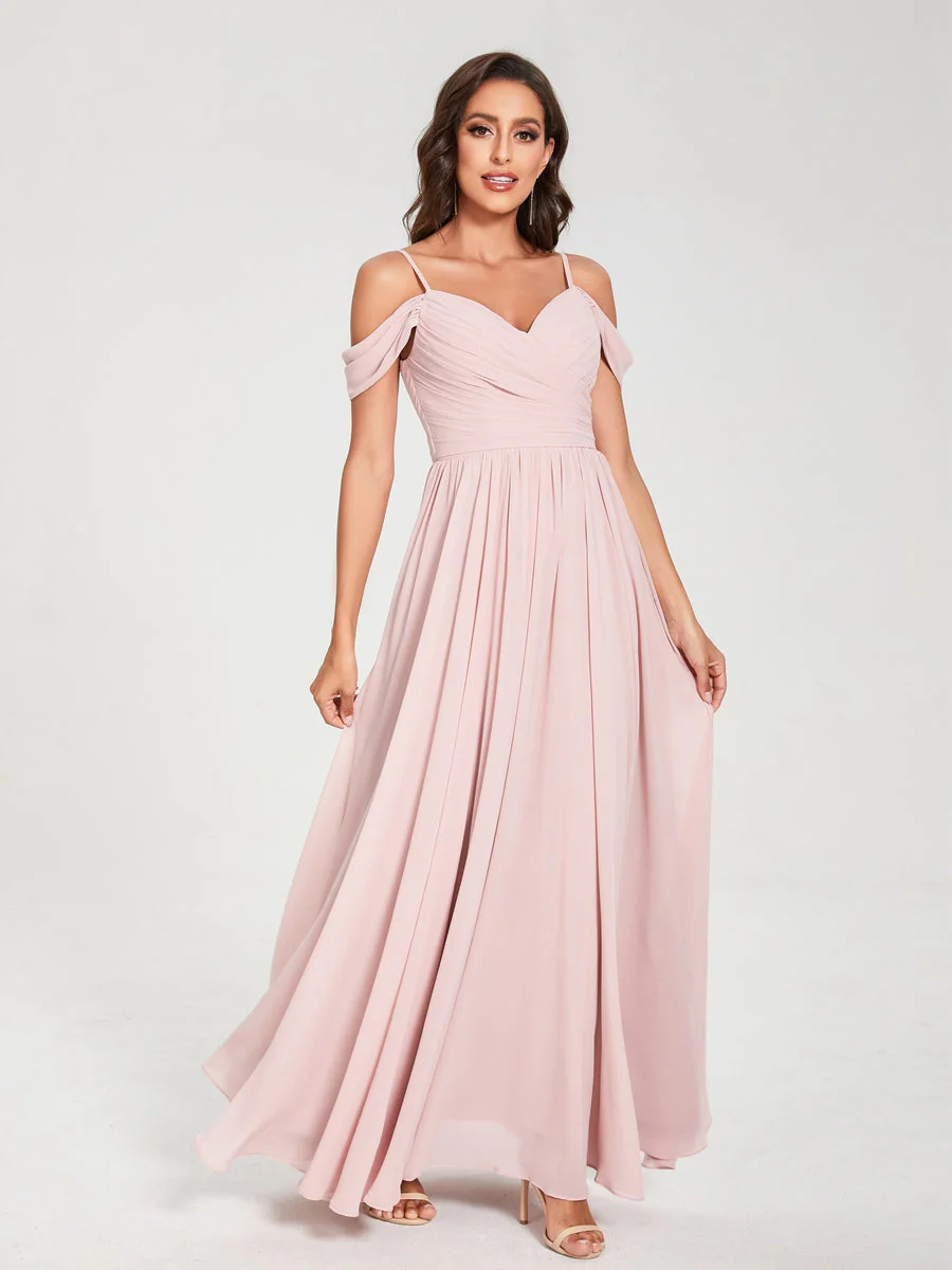 A-Line/Princess Chiffon Spaghetti Straps Off-the-Shoulder Sleeveless Floor-Length Split Side Bridesmaid Dresses - Image 3