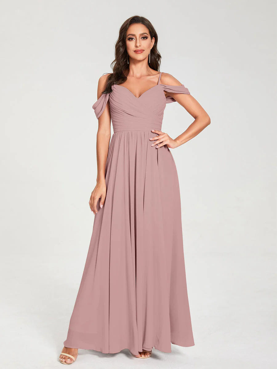 A-Line/Princess Chiffon Spaghetti Straps Off-the-Shoulder Sleeveless Floor-Length Split Side Bridesmaid Dresses - Image 30