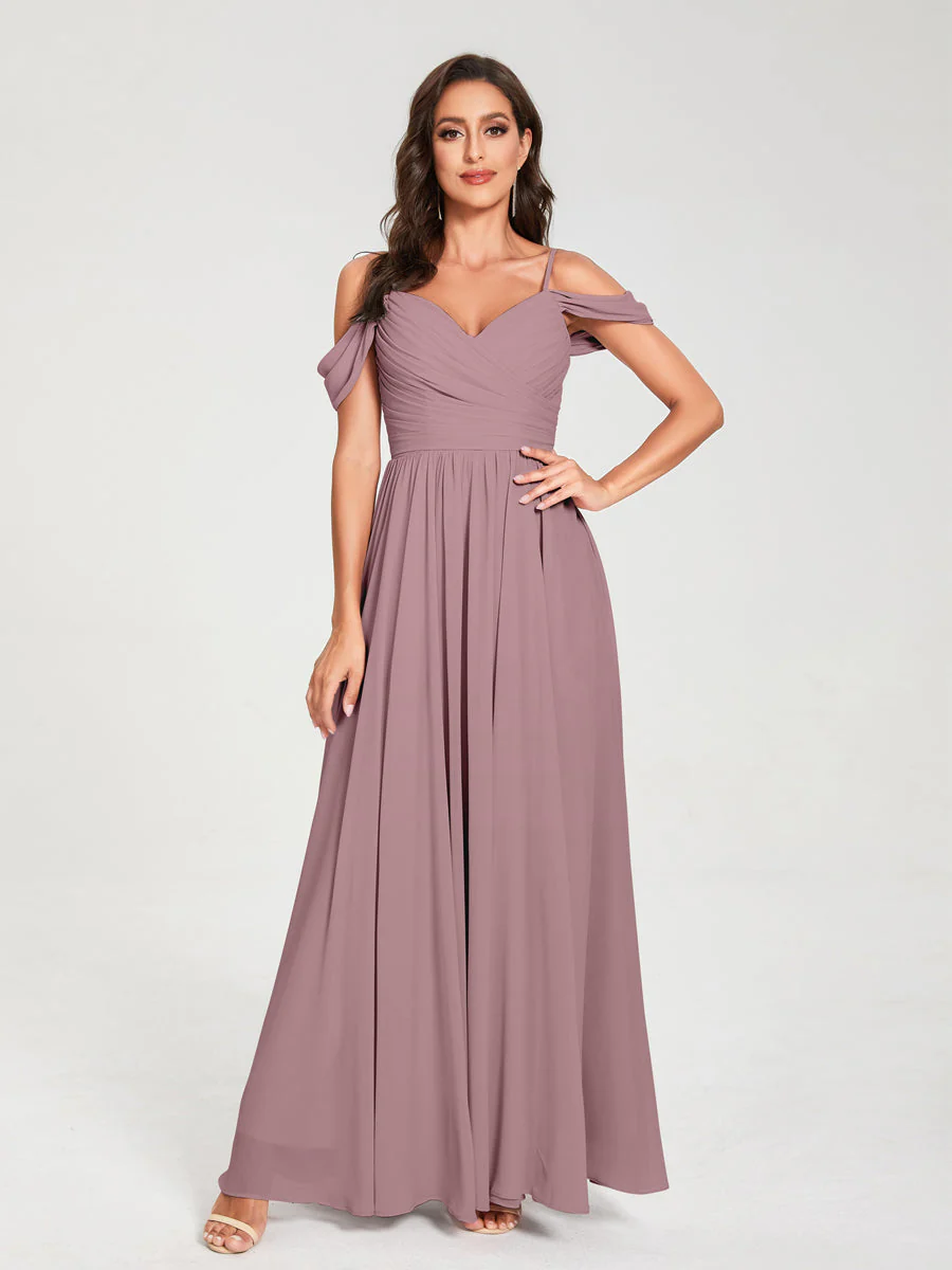 A-Line/Princess Chiffon Spaghetti Straps Off-the-Shoulder Sleeveless Floor-Length Split Side Bridesmaid Dresses - Image 31