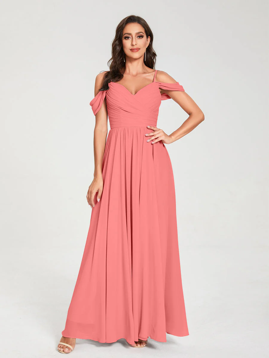 A-Line/Princess Chiffon Spaghetti Straps Off-the-Shoulder Sleeveless Floor-Length Split Side Bridesmaid Dresses - Image 32