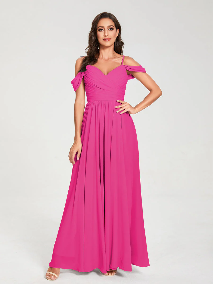 A-Line/Princess Chiffon Spaghetti Straps Off-the-Shoulder Sleeveless Floor-Length Split Side Bridesmaid Dresses - Image 33