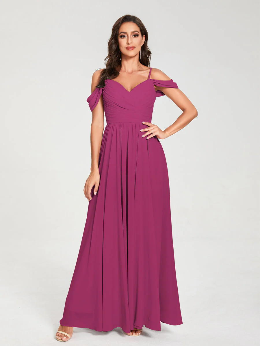A-Line/Princess Chiffon Spaghetti Straps Off-the-Shoulder Sleeveless Floor-Length Split Side Bridesmaid Dresses - Image 35