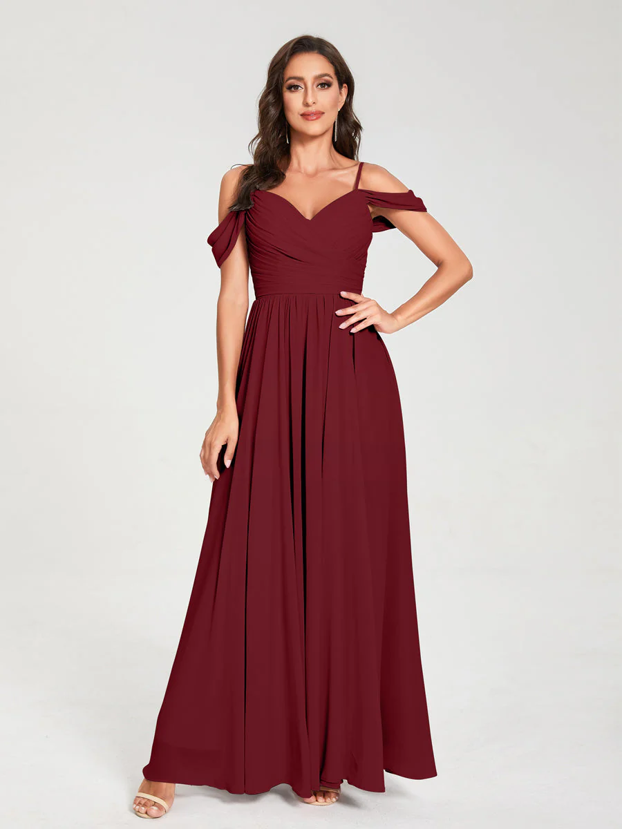 A-Line/Princess Chiffon Spaghetti Straps Off-the-Shoulder Sleeveless Floor-Length Split Side Bridesmaid Dresses - Image 37