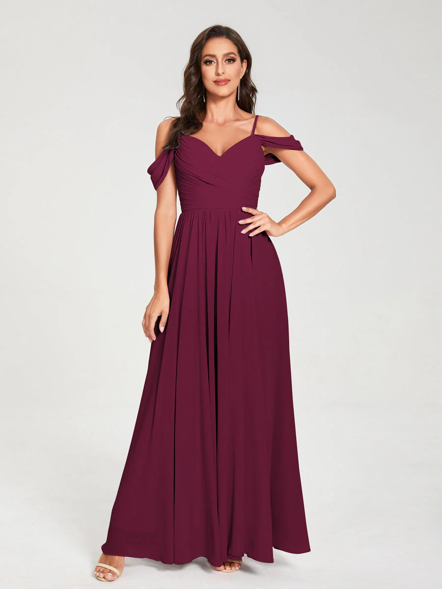 A-Line/Princess Chiffon Spaghetti Straps Off-the-Shoulder Sleeveless Floor-Length Split Side Bridesmaid Dresses - Image 38