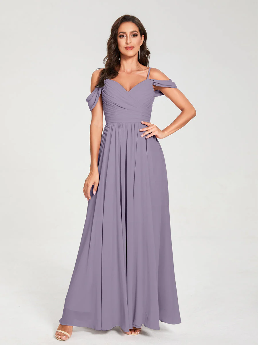 A-Line/Princess Chiffon Spaghetti Straps Off-the-Shoulder Sleeveless Floor-Length Split Side Bridesmaid Dresses - Image 39