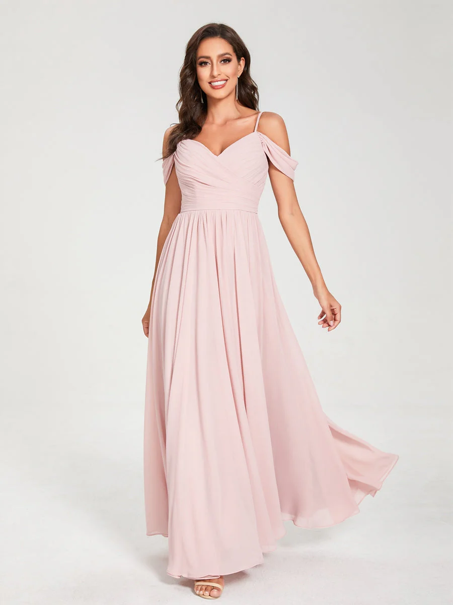 A-Line/Princess Chiffon Spaghetti Straps Off-the-Shoulder Sleeveless Floor-Length Split Side Bridesmaid Dresses - Image 4