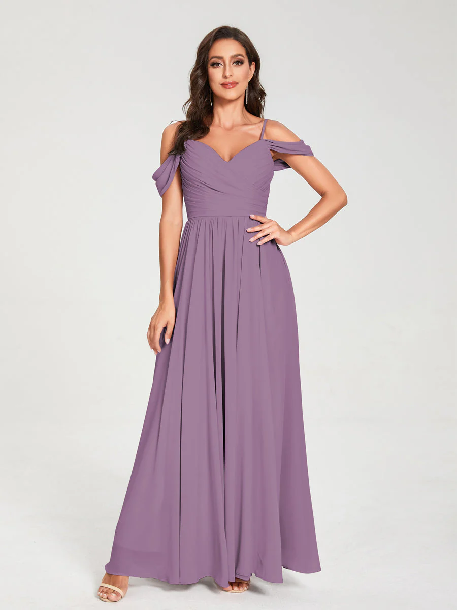 A-Line/Princess Chiffon Spaghetti Straps Off-the-Shoulder Sleeveless Floor-Length Split Side Bridesmaid Dresses - Image 40