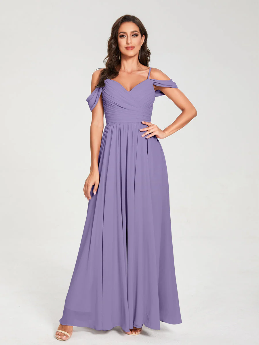 A-Line/Princess Chiffon Spaghetti Straps Off-the-Shoulder Sleeveless Floor-Length Split Side Bridesmaid Dresses - Image 41