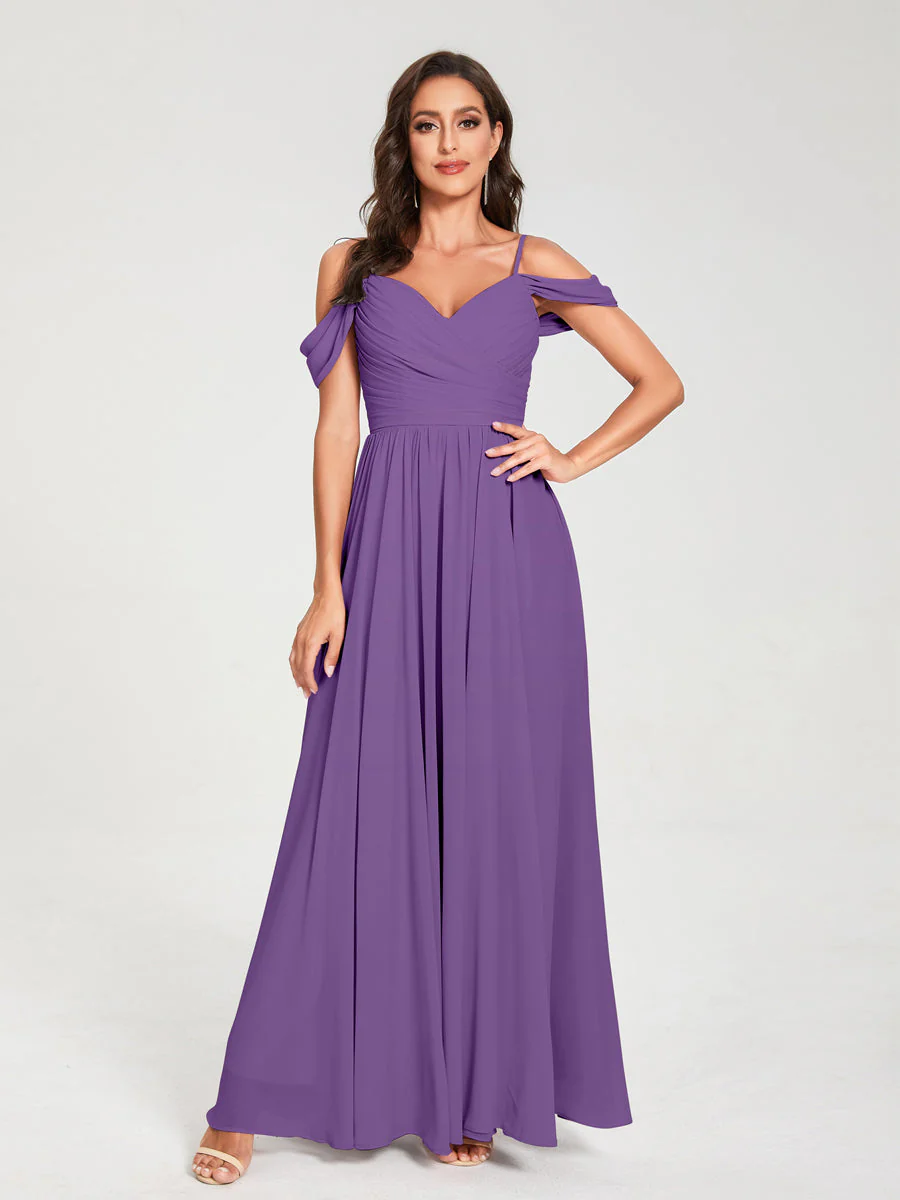 A-Line/Princess Chiffon Spaghetti Straps Off-the-Shoulder Sleeveless Floor-Length Split Side Bridesmaid Dresses - Image 42
