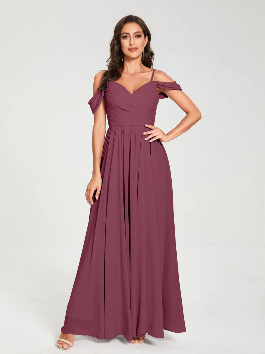 A-Line/Princess Chiffon Spaghetti Straps Off-the-Shoulder Sleeveless Floor-Length Split Side Bridesmaid Dresses - Image 43