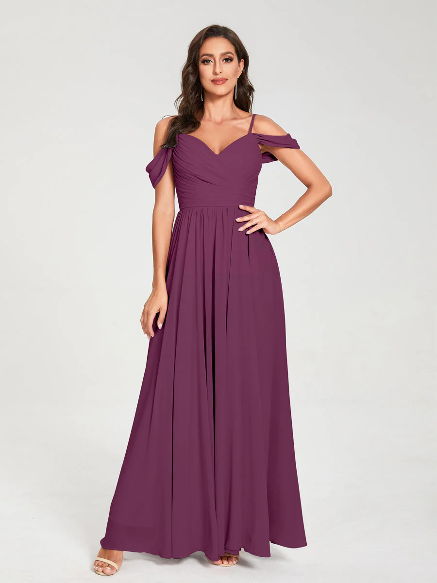 A-Line/Princess Chiffon Spaghetti Straps Off-the-Shoulder Sleeveless Floor-Length Split Side Bridesmaid Dresses - Image 44