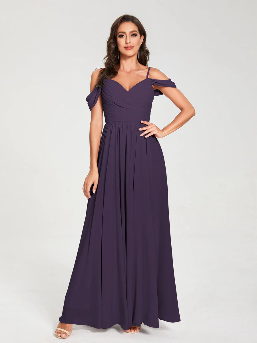 A-Line/Princess Chiffon Spaghetti Straps Off-the-Shoulder Sleeveless Floor-Length Split Side Bridesmaid Dresses - Image 45