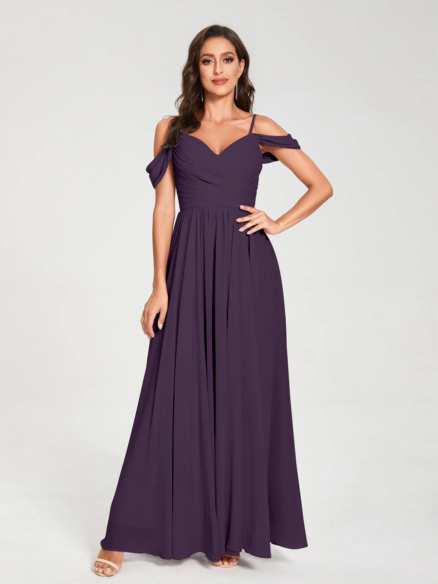 A-Line/Princess Chiffon Spaghetti Straps Off-the-Shoulder Sleeveless Floor-Length Split Side Bridesmaid Dresses - Image 46