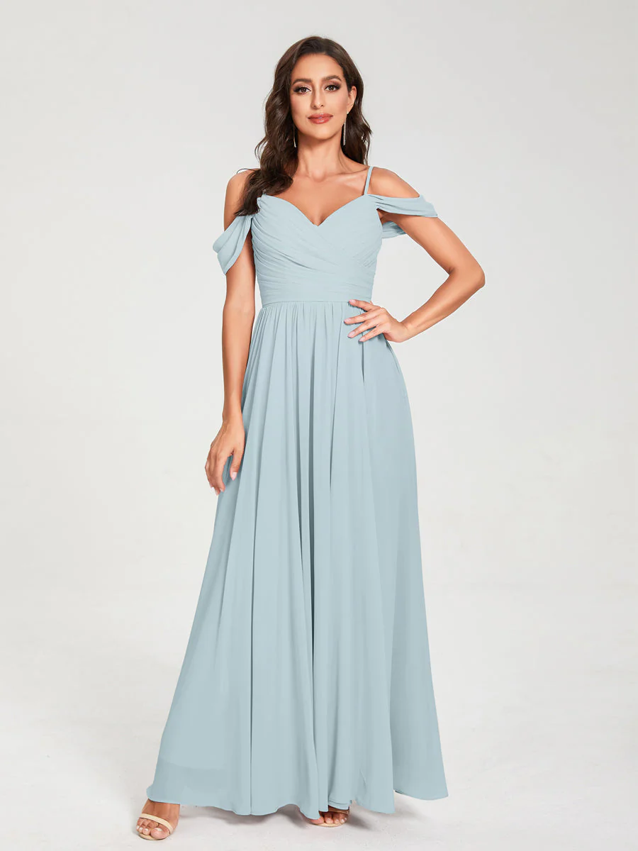 A-Line/Princess Chiffon Spaghetti Straps Off-the-Shoulder Sleeveless Floor-Length Split Side Bridesmaid Dresses - Image 47