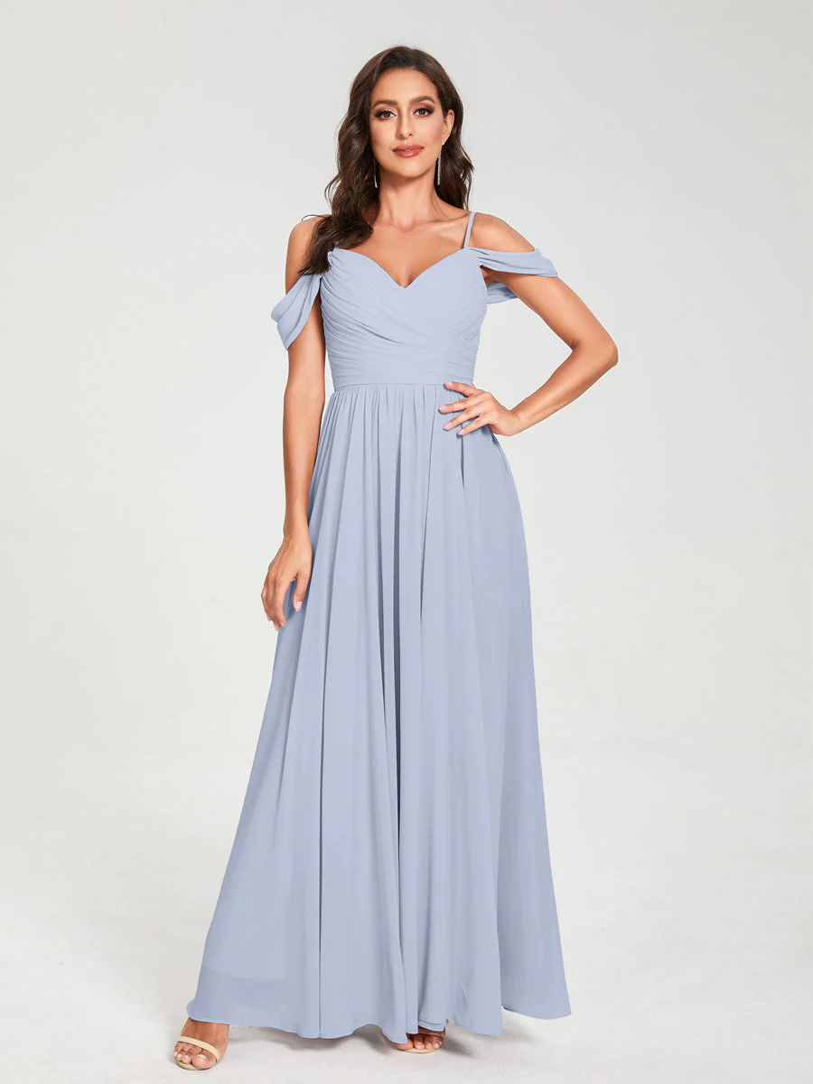 A-Line/Princess Chiffon Spaghetti Straps Off-the-Shoulder Sleeveless Floor-Length Split Side Bridesmaid Dresses - Image 48